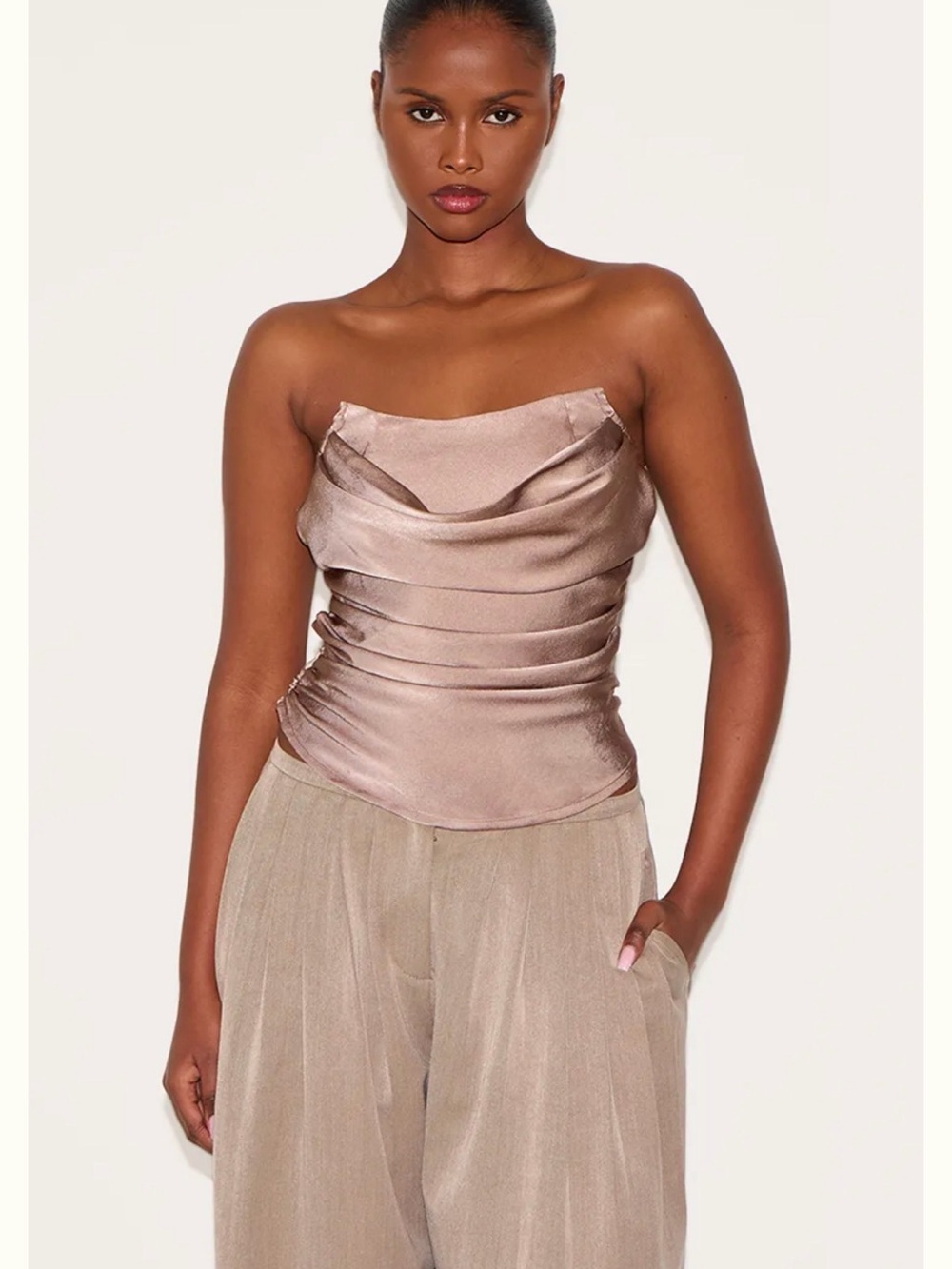 PrettyLittleThing Satin Strapless Cowl Top in Taupe